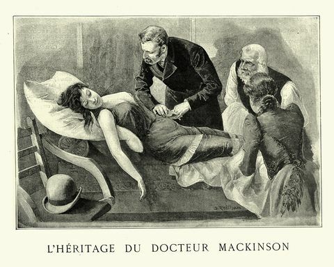 médico victoriano comprobando el pulso de una mujer joven, década de 1890