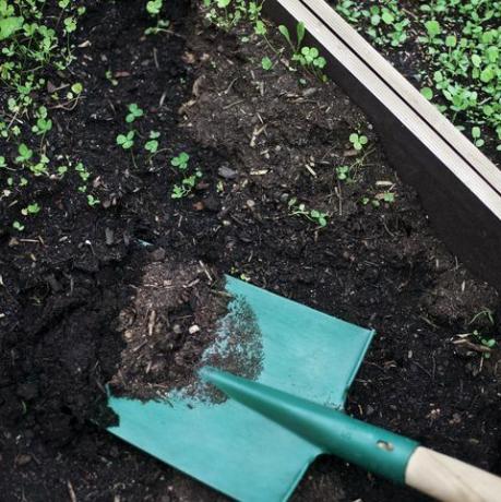 pala de jardín y tierra para macetas en un contenedor de madera