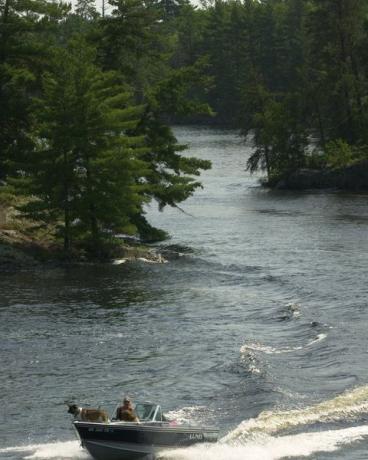 Corriendo por los estrechos que conducen a Kettle Falls, separando Rainy Lake y Lake Kabetogama en el Frontera entre Minnesota y Ontario, un barco se acerca al muelle propiedad del Servicio de Parques Nacionales en Kettle Falls Hotel.