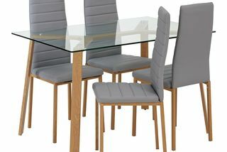 Mesa de comedor de cristal Helena y 4 sillas grises