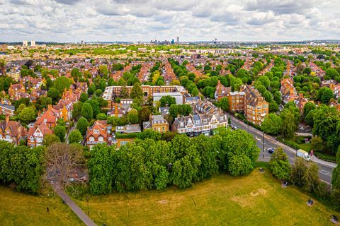 Vista aérea de las casas, Turnham Green, Londres, Reino Unido.