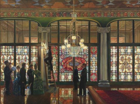 La gran iluminación de peter waddell, una pintura al óleo de 1891 que muestra el vitral de louis comfort tiffany en el vestíbulo de entrada de la casa blanca.