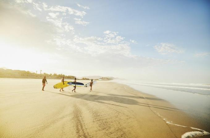 plano general extremo de una familia que lleva tablas de surf en una playa tropical mientras toma clases de surf durante las vacaciones