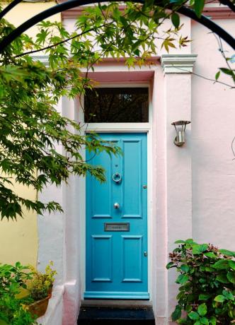 pintura de la puerta delantera, arquitectura exterior de casas residenciales adosadas en el área de Notting Hill, una zona próspera de Londres, Reino Unido