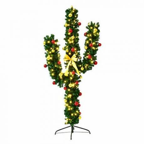 Árbol de Navidad de cactus artificial preiluminado Goplus con luces LED y adornos de bolas