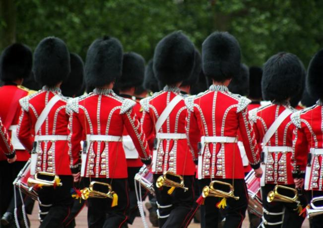 Las flautas y los tambores de los footguards trooping el color en el centro comercial de Londres, Inglaterra