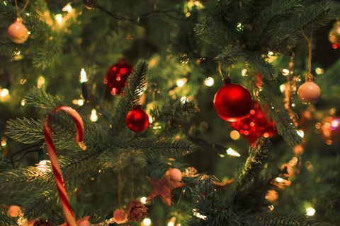 Cerrar adornos y luces de cadena en el árbol de Navidad