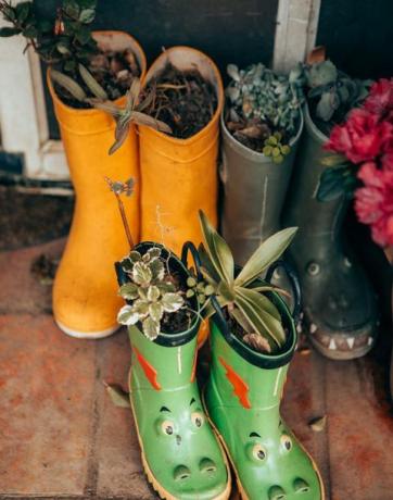 botas de agua utilizadas como macetas