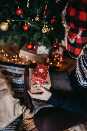 Hombre colocando el regalo de Navidad, debajo del árbol de Navidad.