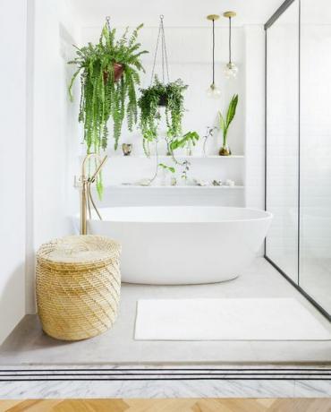 baño blanco con plantas, renovación de baño, baños victoria albert