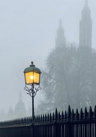 vista de ángulo bajo de la farola iluminada en el edificio