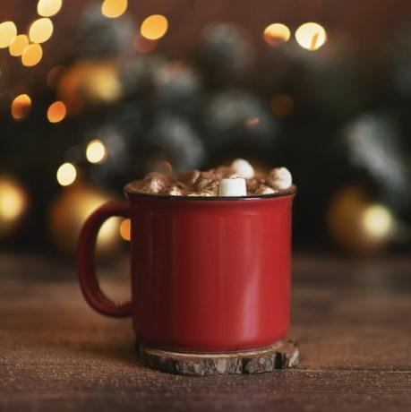 Crema batida de invierno café caliente en una taza roja con malvaviscos bodegón rural postal navideña