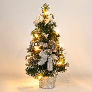 Mrinb Pequeño árbol de Navidad con luces, Mini árbol de decoración de escritorio para la barra de compras de la oficina en el hogar (Plata)