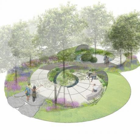 el jardín legado de la investigación sobre el cáncer en el reino unido, show garden, diseñado por tom simpson, patrocinado por la investigación del cáncer en el reino unido, rhs hampton court palace garden festival 2021