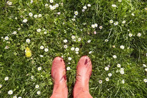 Mujer de pie en botas de goma roja en un prado con flores de margarita