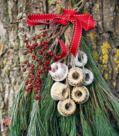 Ramas de los árboles de navidad con mini tortas caseras de maní colgando en el jardín