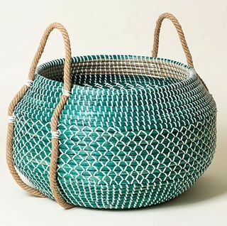 Teal Blue Round Seagrass Storage Basket Large